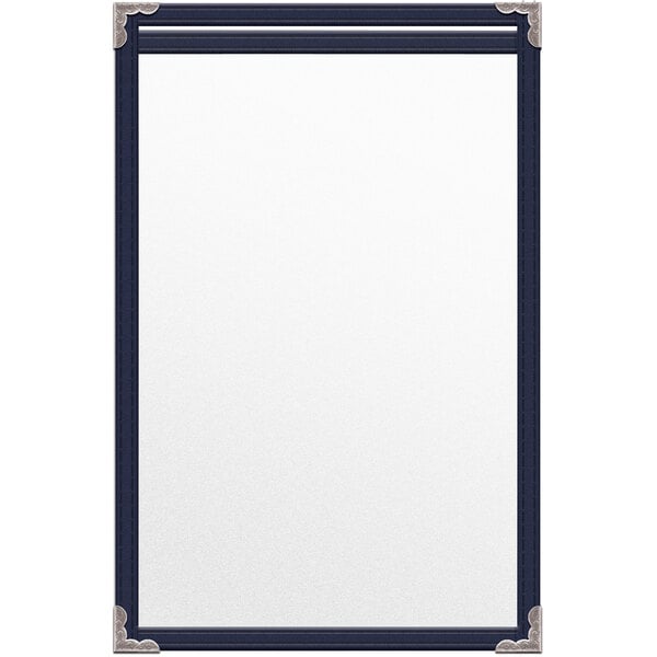 A white board with blue vinyl and silver corners.