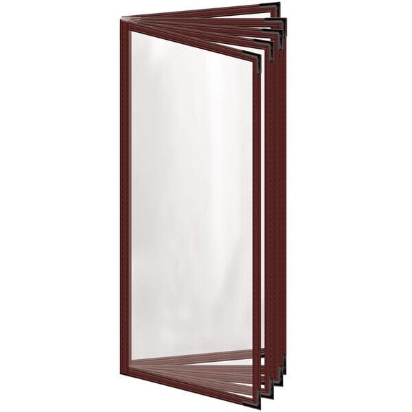 A maroon rectangular vinyl menu cover with black corners and a glossy finish.