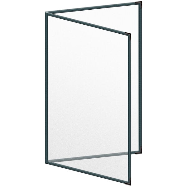 A white rectangular menu cover with a black border and glass overlay.