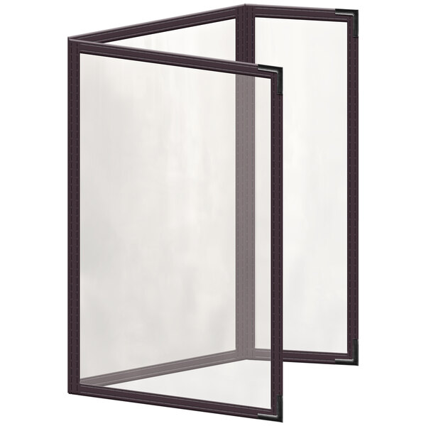 A rectangular brown menu cover with black smooth corners and glossy finish with a black border around a white window.