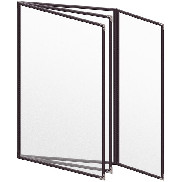 A black menu cover with white sheets in a folder with silver corners.