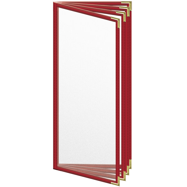 A red rectangular menu cover with gold corners and a matte finish.