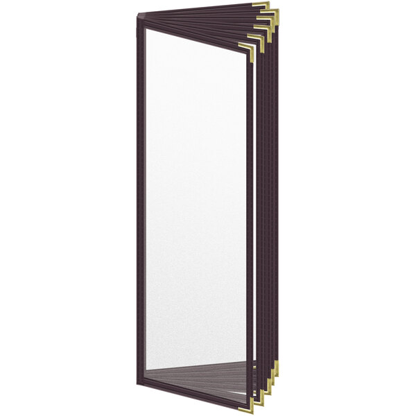 A white board with a brown vinyl cover and gold smooth corners.