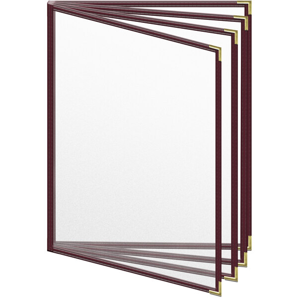 A stack of maroon menu covers with gold corners and matte finish.