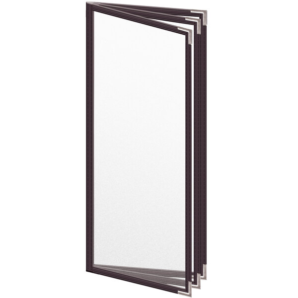 A white rectangular menu cover with black border and metal corners.