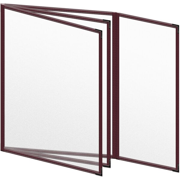 A maroon menu cover with black smooth corners and matte finish.