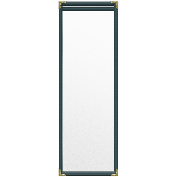 A white rectangular menu cover with gold decorative corners.