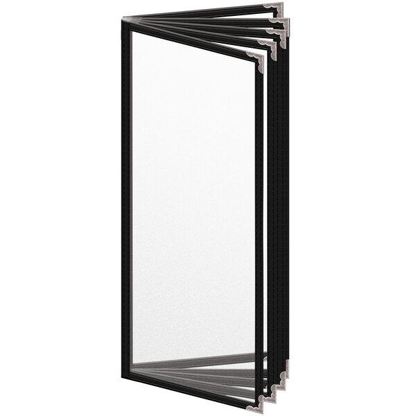 A black rectangular vinyl menu cover with silver corners and a black border with 10 white pages inside.