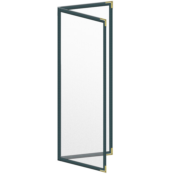 A green rectangular menu cover with gold metal corners and black trim.
