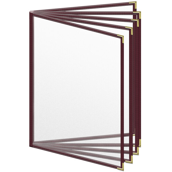 A stack of three maroon H. Risch, Inc. menu covers with gold trim and matte finish.