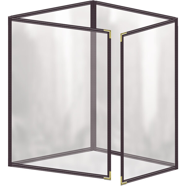 A brown vinyl menu cover with gold corners and black trim.