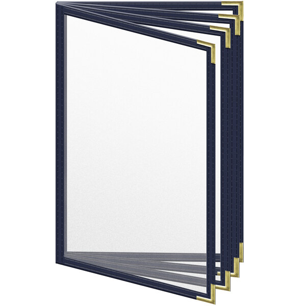 A blue 8 view menu cover with gold smooth corners and white matte finish.