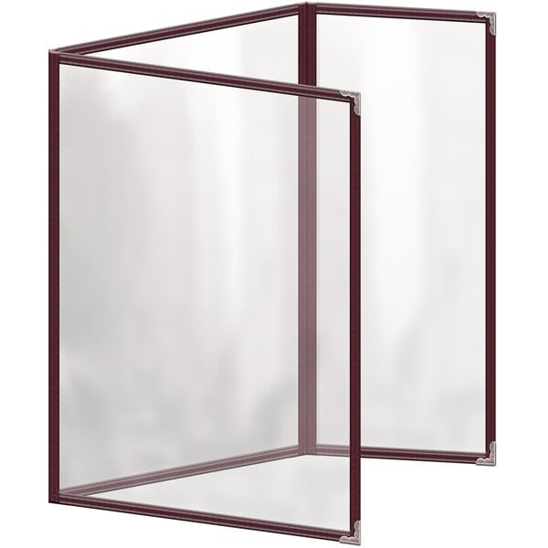 A maroon menu cover with silver decorative corners and a glossy finish on a white background.