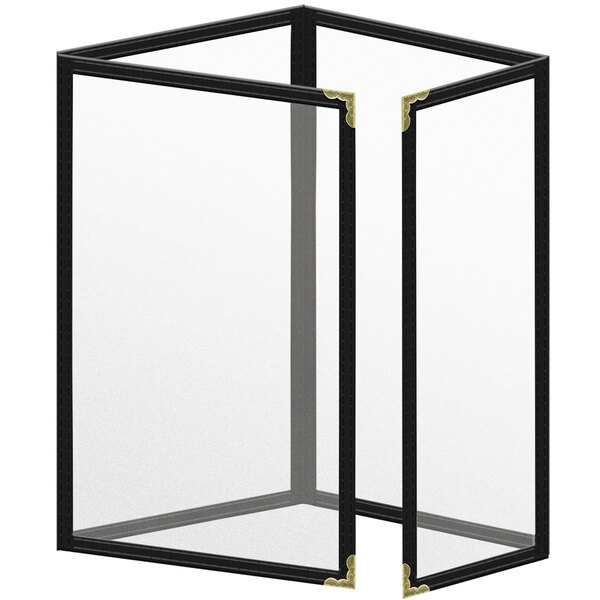 A black vinyl menu cover with gold decorative corners and a matte finish.
