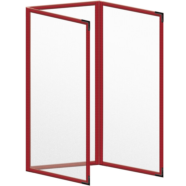 A red and white rectangular object with black corners.
