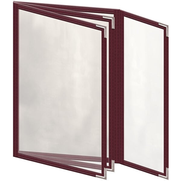 A maroon H. Risch, Inc. menu cover with clear panels.