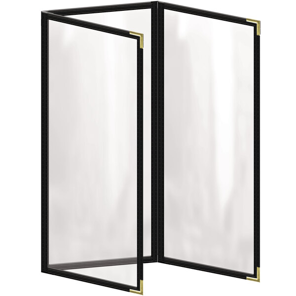A black rectangular menu cover with gold smooth corners and a gloss finish.