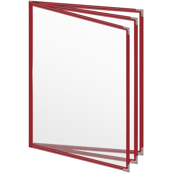 A stack of red H. Risch, Inc. TETB menu covers with silver corners.
