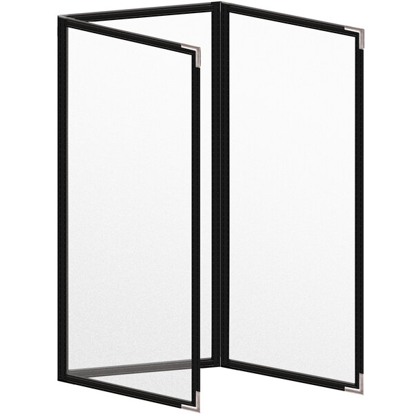 A white rectangular menu cover with black edges and silver corners.