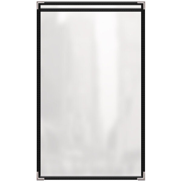 A white rectangular menu cover with black trim.