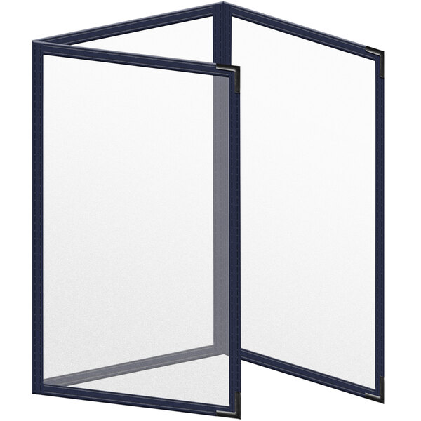 A blue rectangular H. Risch, Inc. menu cover with black smooth corners and a matte finish.