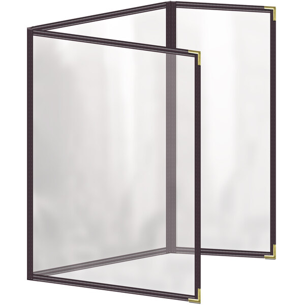 A close-up of a brown rectangular menu cover with black lines and gold corners.