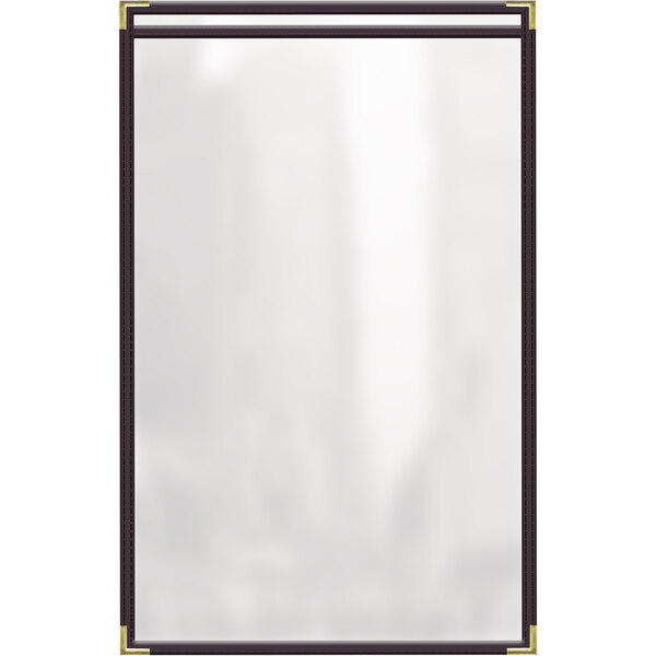 A rectangular white menu cover with a gold border.