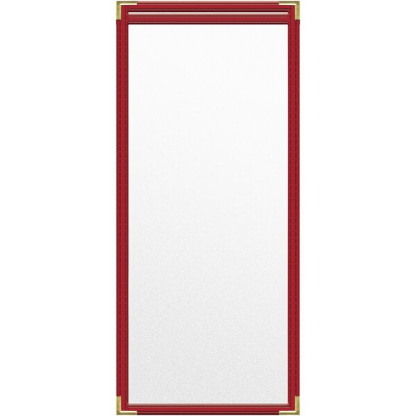 A rectangular white menu cover with red and gold trim.