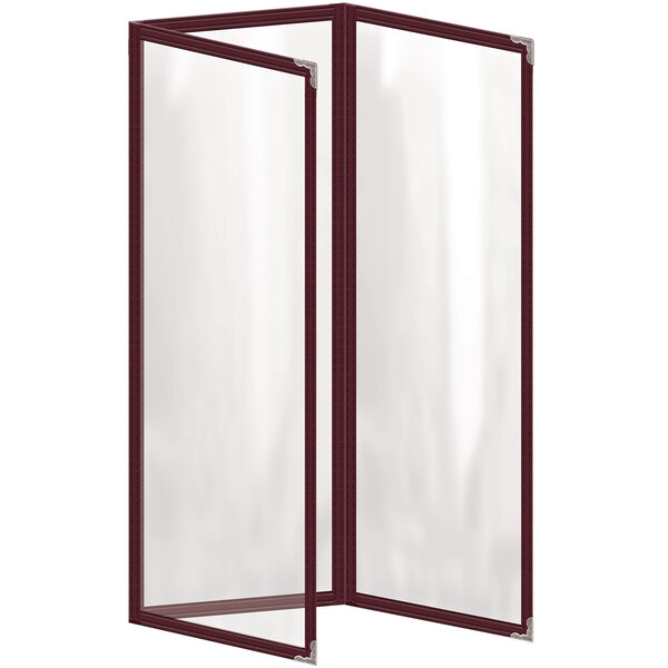 A rectangular maroon vinyl menu cover with silver corners and a gloss finish.