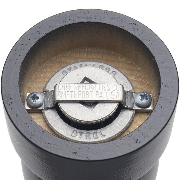 A close up of the Chef Specialties Salem Ebony Finish Pepper Mill grinder.