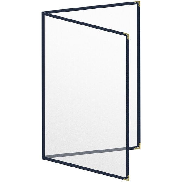 A white menu cover with a black and blue frame and gold decorative corners.