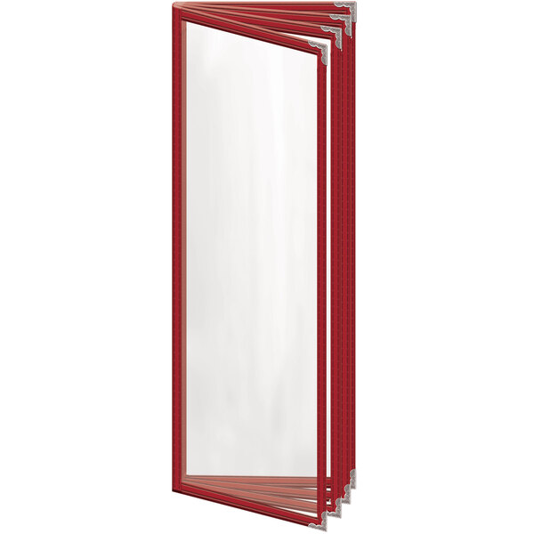 A red menu cover with silver corner accents and a glossy finish.