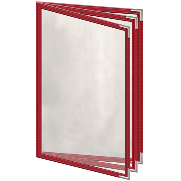 A red H. Risch, Inc. menu cover with silver corners and a gloss finish with clear pockets.