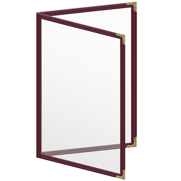 A maroon menu cover with gold decorative corners.