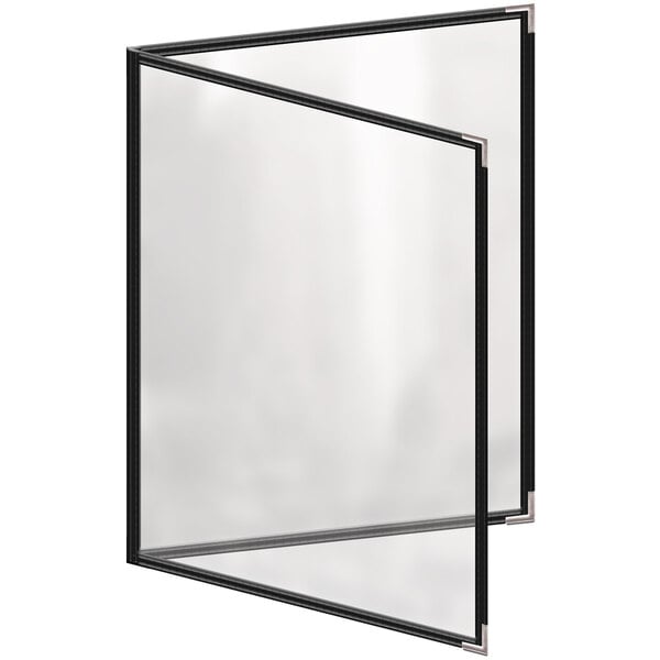 A black menu cover with silver corners and a glossy finish with a window showing four pages.