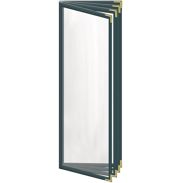 A white rectangular menu cover with a green and black window and gold trim.