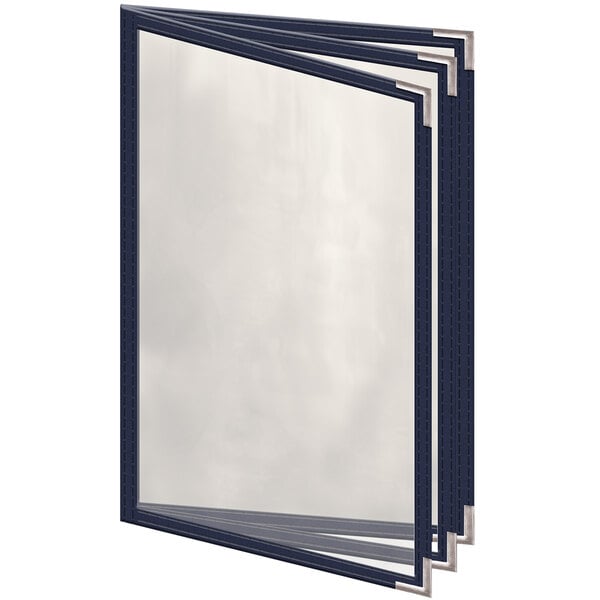 A H. Risch, Inc. blue vinyl menu cover with silver smooth corners and a gloss finish with three clear plastic pockets.