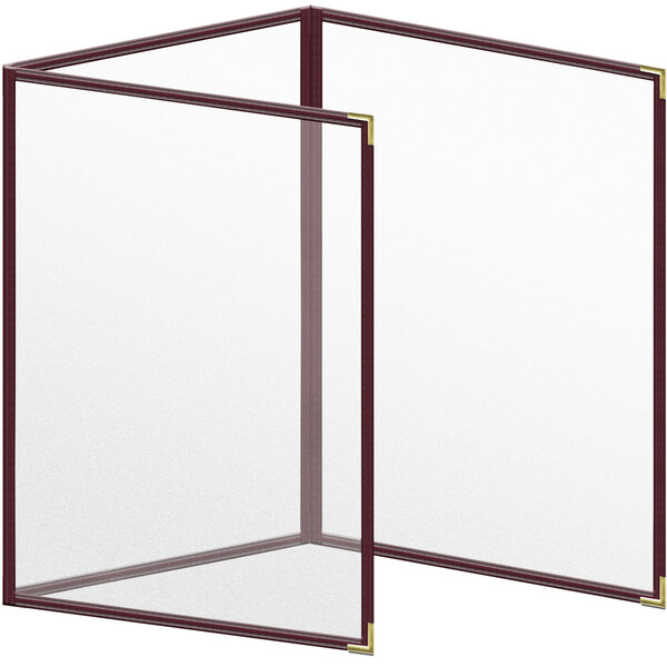 A maroon vinyl menu cover with gold smooth corners and matte finish.