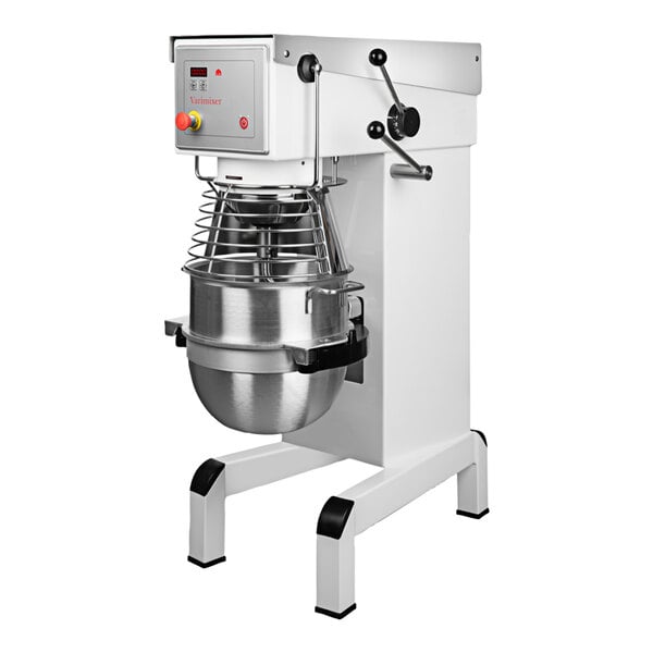 A white Varimixer V30A commercial floor mixer with a metal bowl.