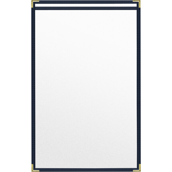 A white board with blue trim and gold corners with a blue border and a white background.