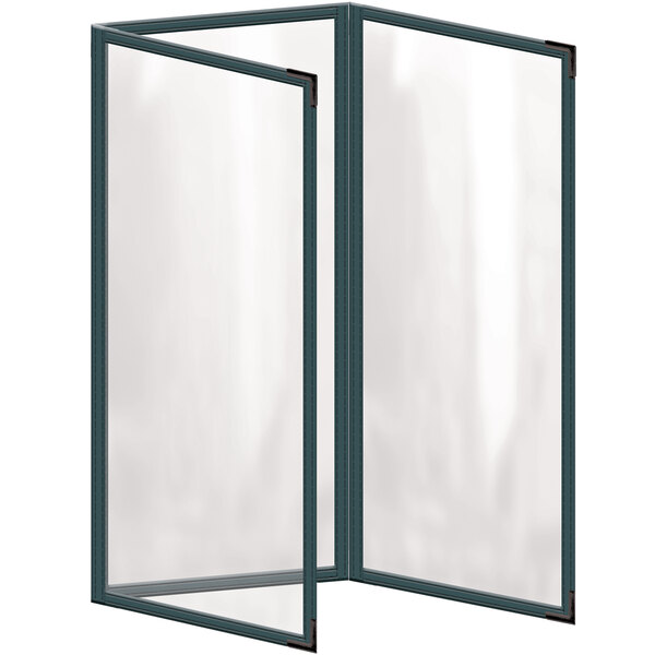 A white rectangular menu cover with black smooth corners and a green and black foldout view.
