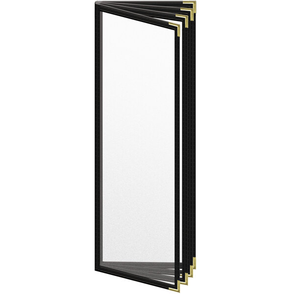 A white rectangular menu with black edges and gold corner details.