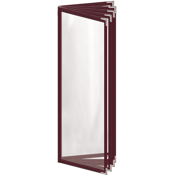 A rectangular maroon vinyl menu cover with silver corners and a gloss finish.