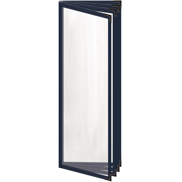 A white rectangular menu cover with a blue border and black smooth corners.