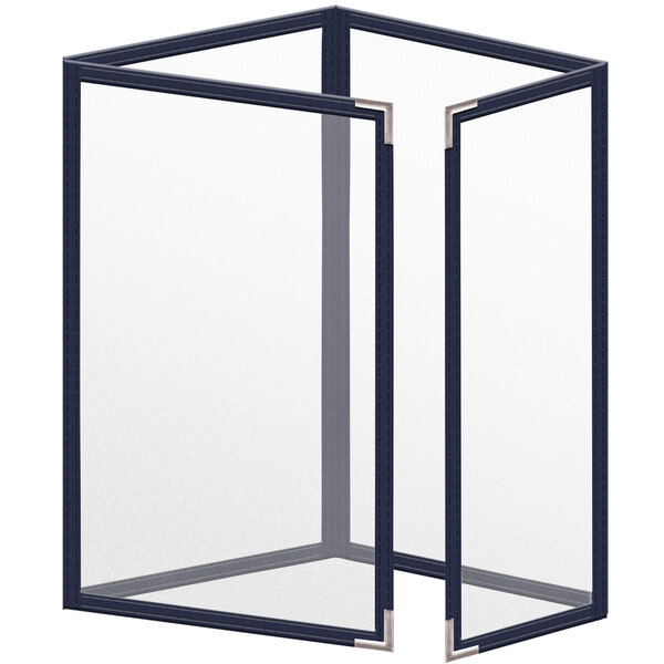 A blue vinyl menu cover with a black border and silver metal corners.