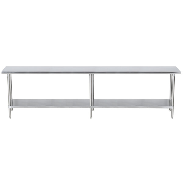 A stainless steel Advance Tabco work table with an undershelf.