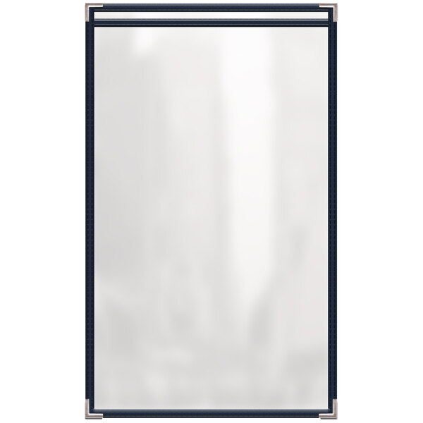 A white menu cover with a blue border.