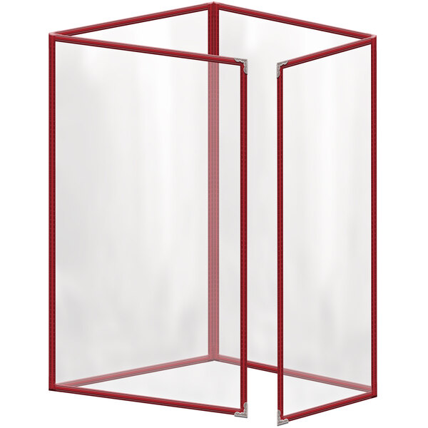 A white rectangular menu cover with a red frame and silver corners.