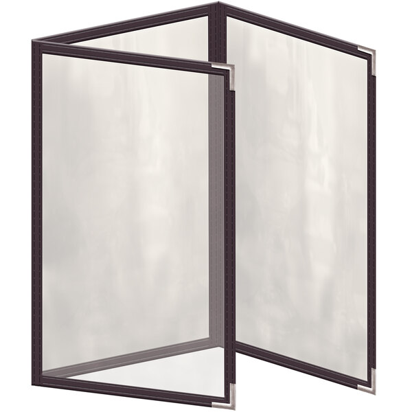 A brown vinyl menu cover with silver corners and a glossy finish with a close-up of a menu inside.