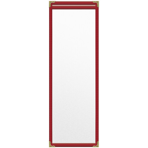 A rectangular red vinyl menu cover with a gold decorative border and matte finish.